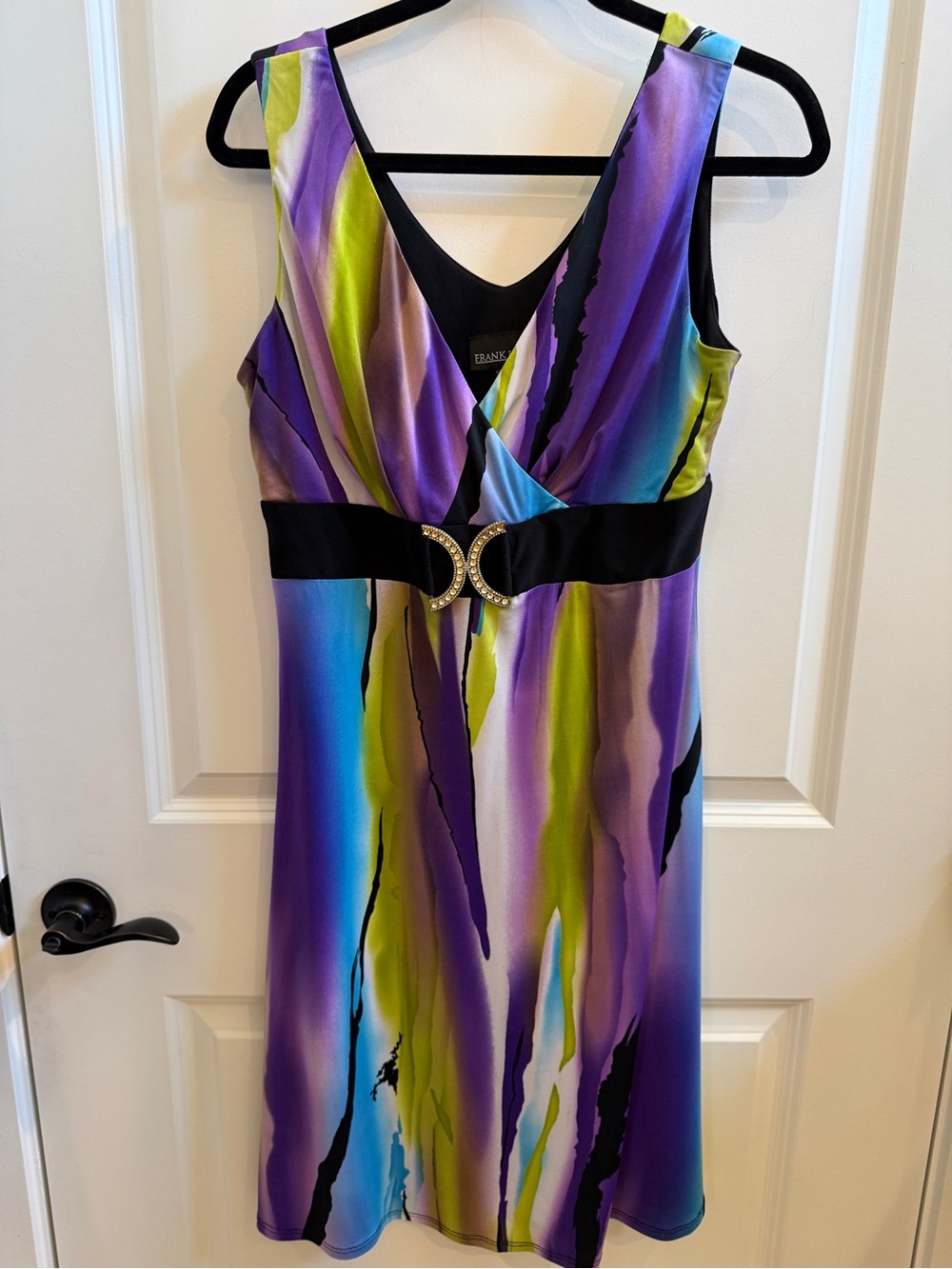 Frank Lyman Design Purple, Green & Blue V-Neck Belted Midi Dress